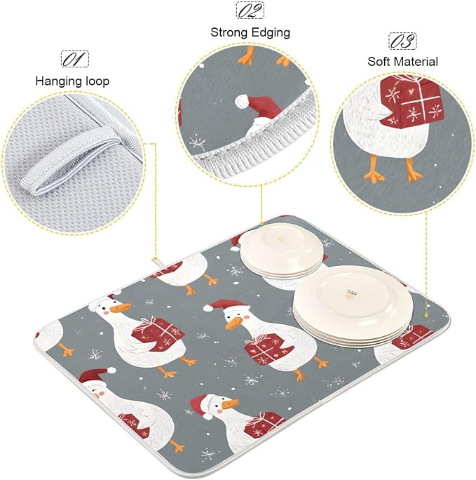 White Geese Wearing Hat Dish Drying Mat Super Absorbent Drying Mat 18x24 inch - Image 4