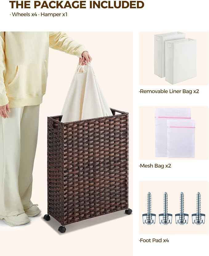 Greenstell Laundry Hamper with Wheels, 17.4 Gallon Slim Laundry Basket with 2 - Image 3