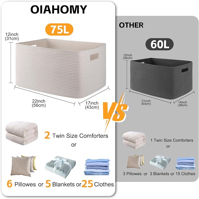 OIAHOMY 75L Large Blanket Basket, Woven Cotton Rope Baskets - Image 3