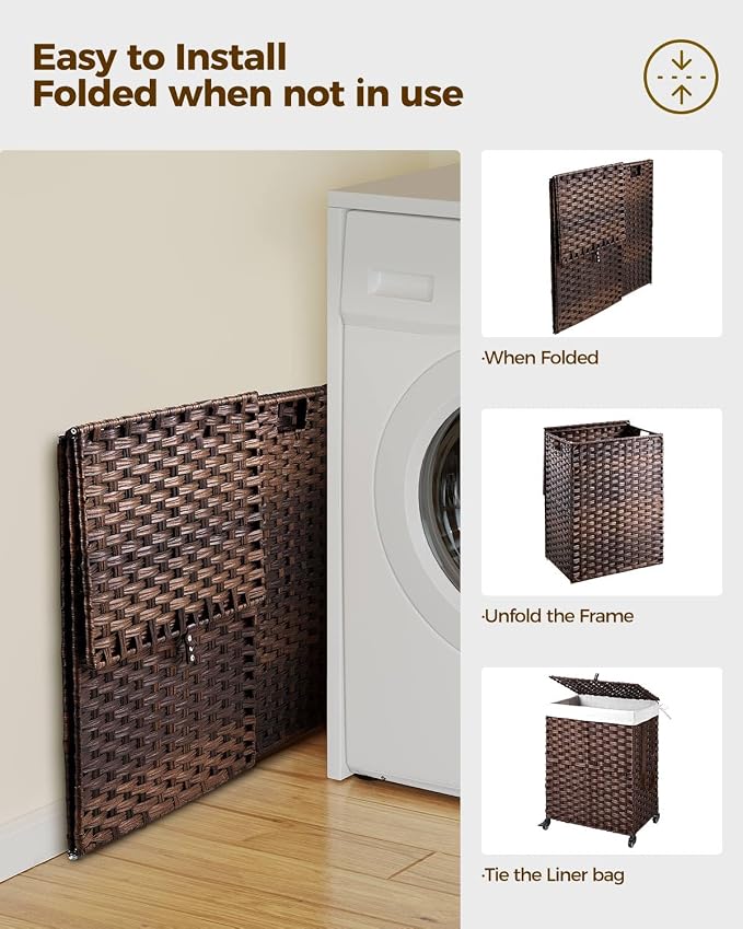 Greenstell Laundry Hamper with Wheels, No Install Needed, 90L Divided Handwoven - Image 9