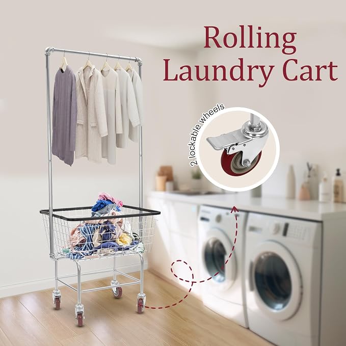 Wire Laundry Cart with Hanging Rack, Wire Laundry Basket With Wheels - Image 5