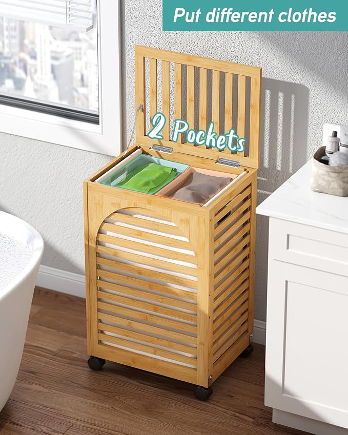 Laundry Hamper with Wheels, Laundry Basket with Lid, 22.5Gallon Bamboo Wood - Image 4