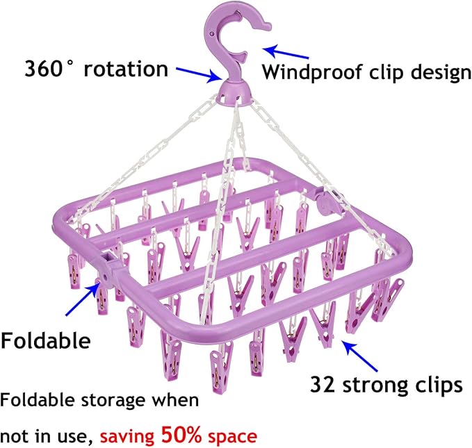 Laundry Hangers with 32 Clips, Clothespin Rack Foldable Laundry Drying Rack - Image 2