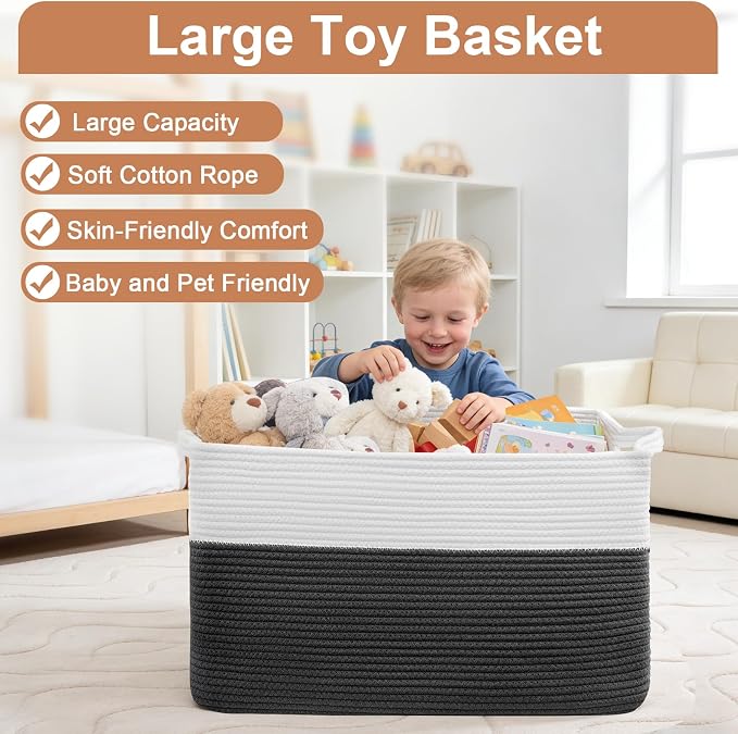 105L XXXL Large Blanket Basket, Rectangular Cotton Rope Basket, Laundry Hamper - Image 4