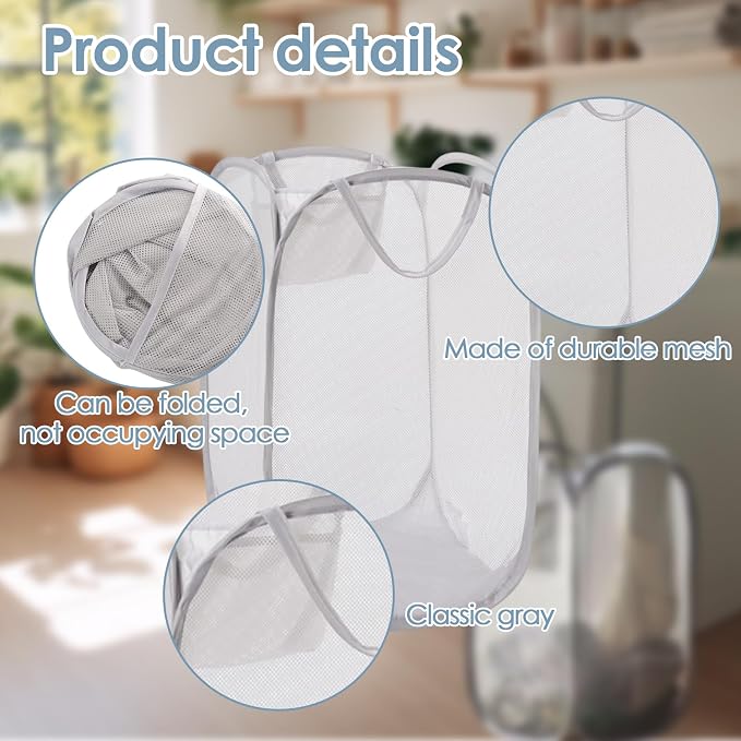 Foldable Pop Up Laundry Hamper – Set of 2 Collapsible Mesh Baskets - Image 3