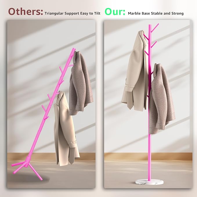 Coat Rack with Natural Marble Base, Metal Freestanding Coat Rack with 8 Hooks - Image 3