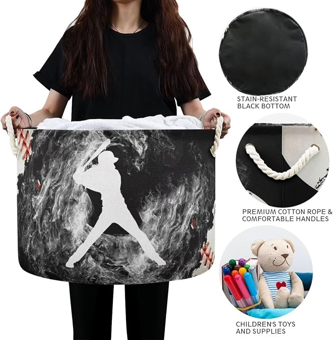 Baseball Print Round Storage Basket Sport Ball Large Laundry Hamper Baseball - Image 4