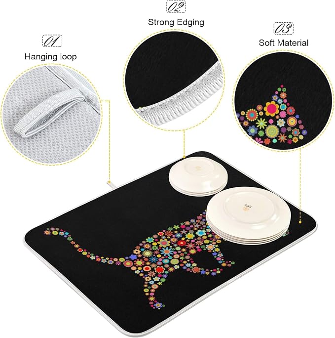 Trendy Flower Cat Absorbent Dish Drying Mat Microfiber Kitchen Countertop Table - Image 3