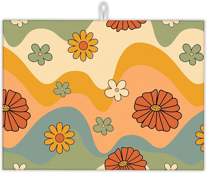 Retro 70s Groovy Waves Dish Drying Rack Mats Decor, Daisy Floral Dish Pad by UIUPRO