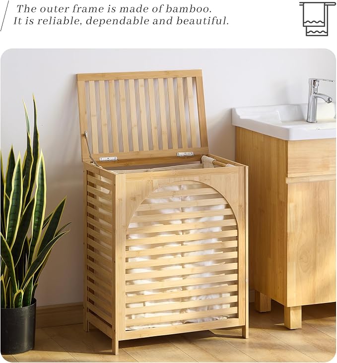 Laundry Hamper with Lid, Bamboo Clothes Laundry Basket with Handles, Removable - Image 6
