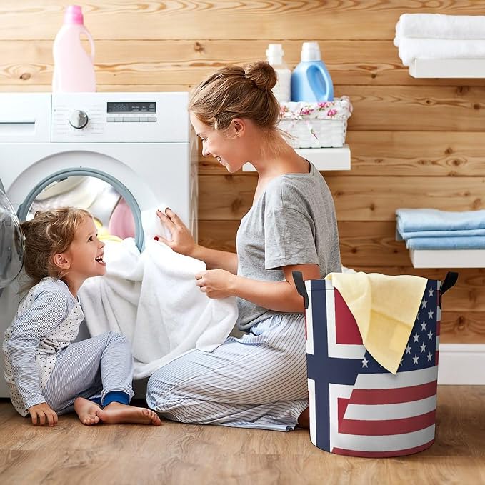 U.S. Norway Flag Round Laundry Bag Collapsible Storage Hamper Basket - Image 6
