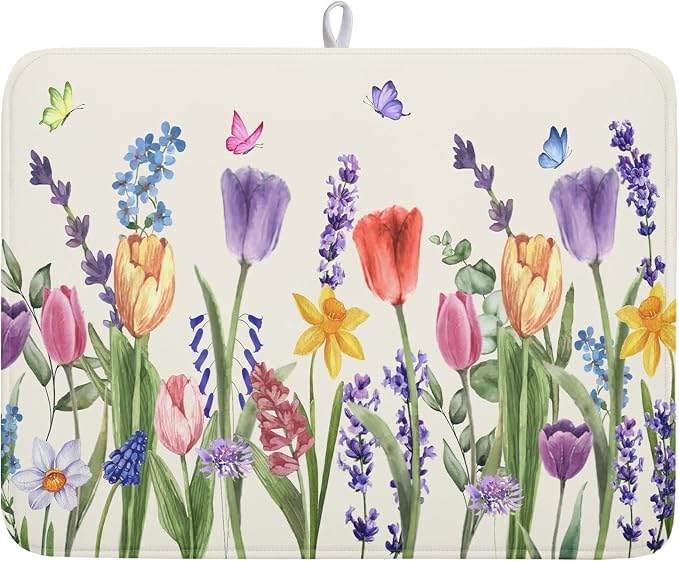 Spring Floral Dish Drying Mat for Kitchen Counter 18x24 Inch Spring Flowers by Kawani