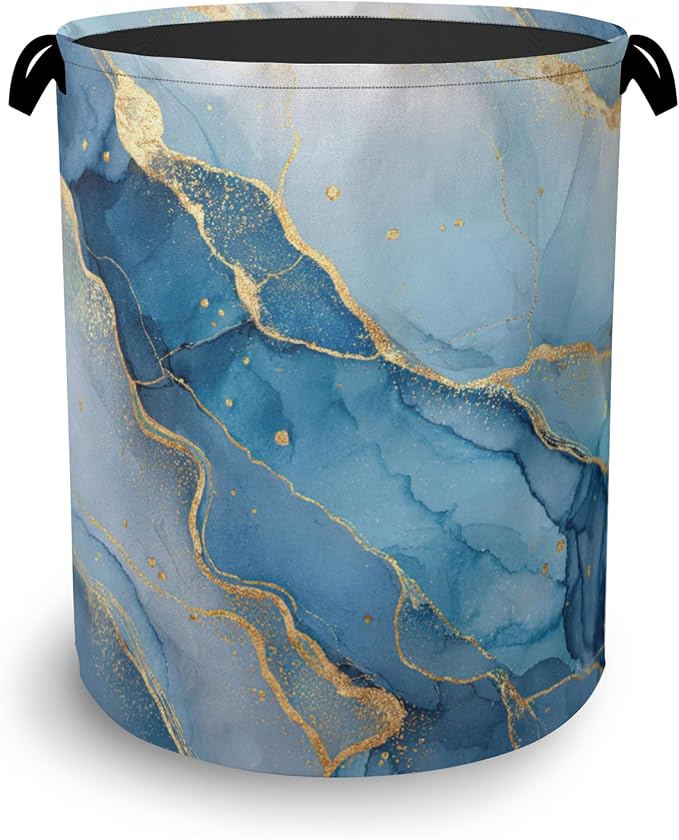Blue Gold Marble Laundry Basket, Foldable by Unknown