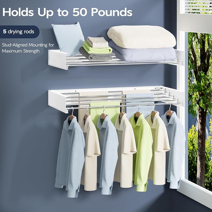 Wall Mounted Foldable Clothes Drying Rack, 31.5-Inch Wide, 5 Stainless Steel - Image 3