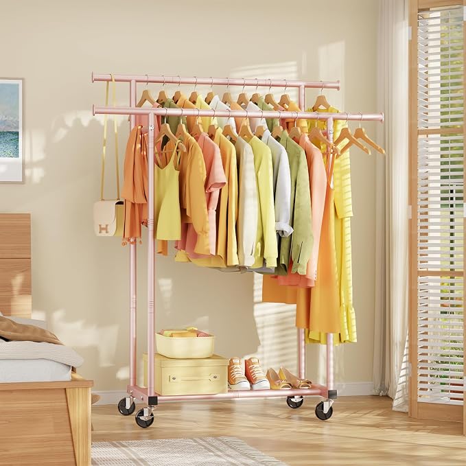 Double Rods Clothes Rack, Sturdy Rolling Clothing Rack, Portable Clothing Racks - Image 8