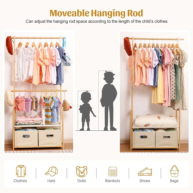 Kids Clothing Rack Bamboo with 2 Storage Baskets and 2 Adjustable Hanging Rods - Image 3