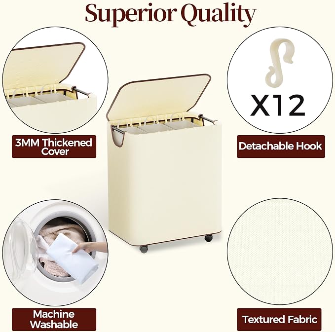 LAMU 145L Laundry Hamper with Wheels, Rolling Laundry Basket with Lid and 3 - Image 6