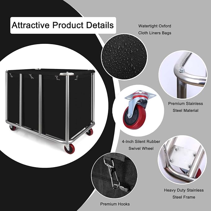 Commercial Laundry Cart with Wheels, 470L Industrial Rolling Laundry Basket - Image 4