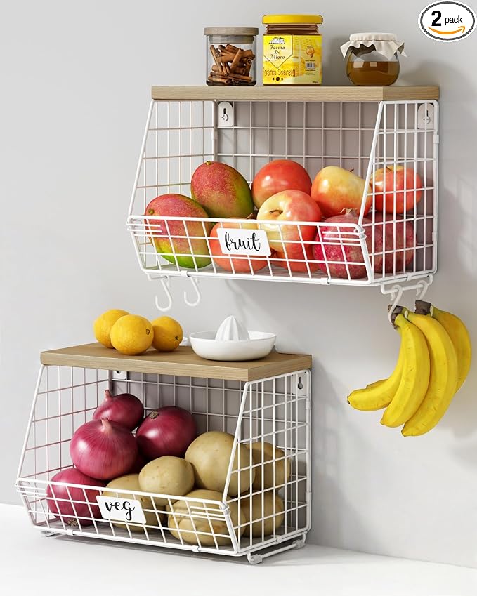 White Fruit Storage Basket for Kitchen Counter Set of 2, Wall Mount Wire Fruit by Goozii