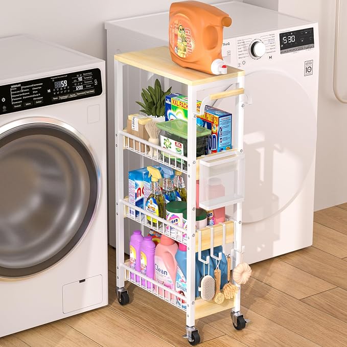 Laundry Room Organization Cart, 4 Tier Slim Rolling Cart by DTUQYX