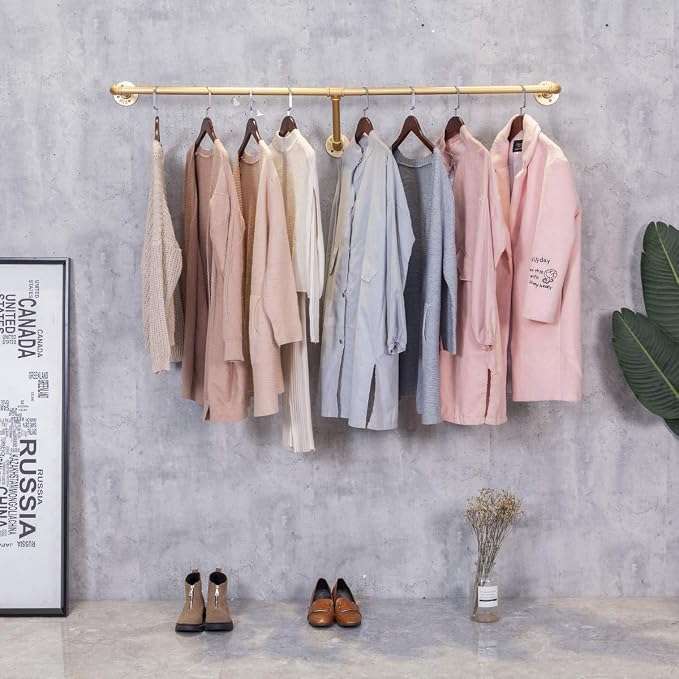 Industrial Pipe Wall Mounted Clothes Hanging Shelves System, Metal Clothing - Image 4