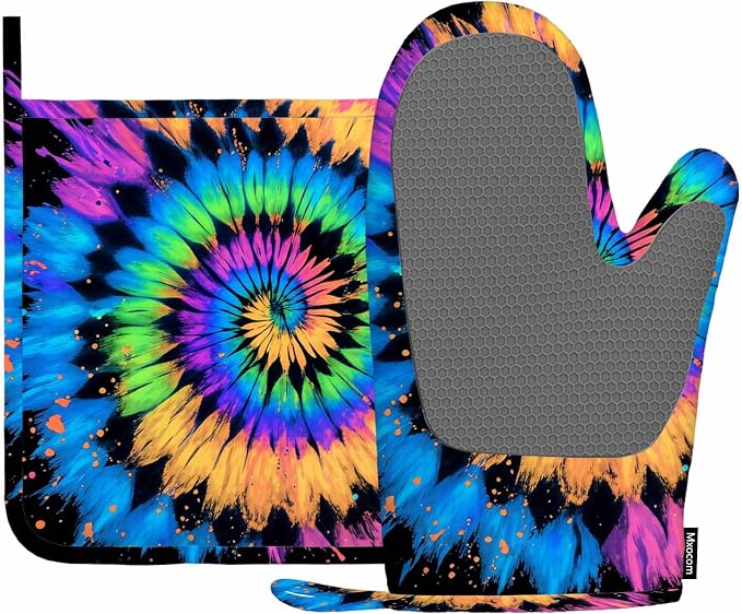 Mxocom Tie Dye Heat-Resistant Oven Mitts and Pot Holder Hand Drawn Rainbow by Mxocom