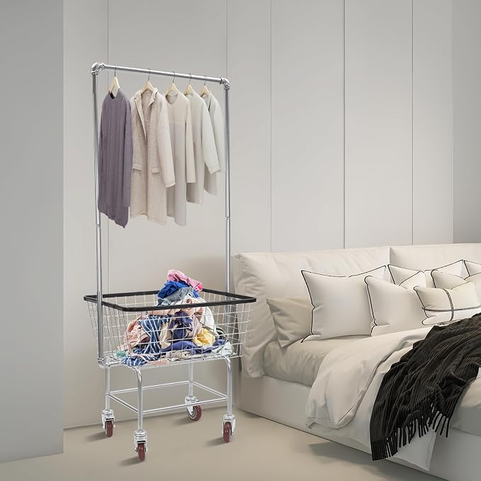 Laundry Cart with Wheels and Hanging Rack, Heavy Duty Wire Laundry Cart - Image 6