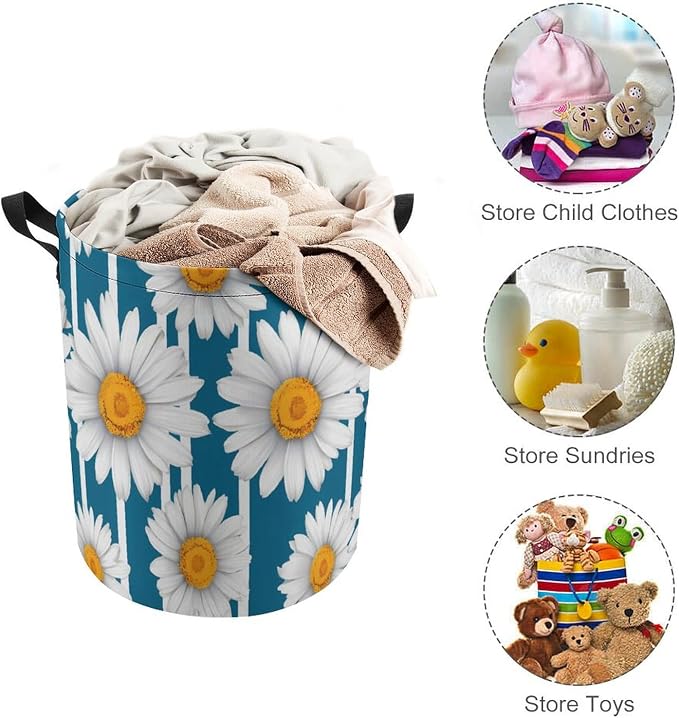 Daisy Stripes Round Laundry Bag Collapsible Storage Hamper Basket - Image 3
