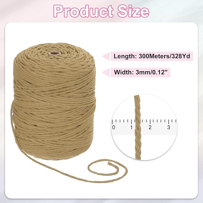 HARFINGTON Natural Macrame Cord 3mm x 328 Yards 4 Strand Twisted Cotton Macrame - Image 2