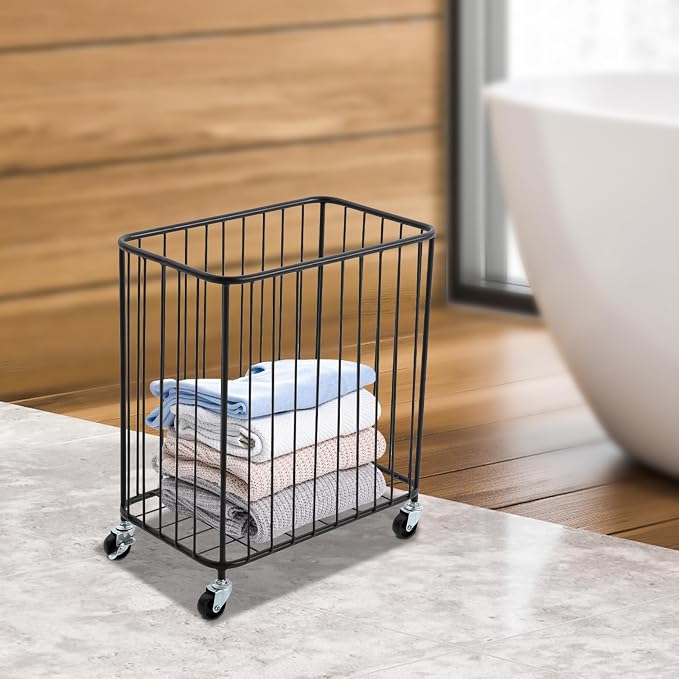 Laundry Basket with Wheels, Metal Railing Storage Cart with Handles, Rolling - Image 2