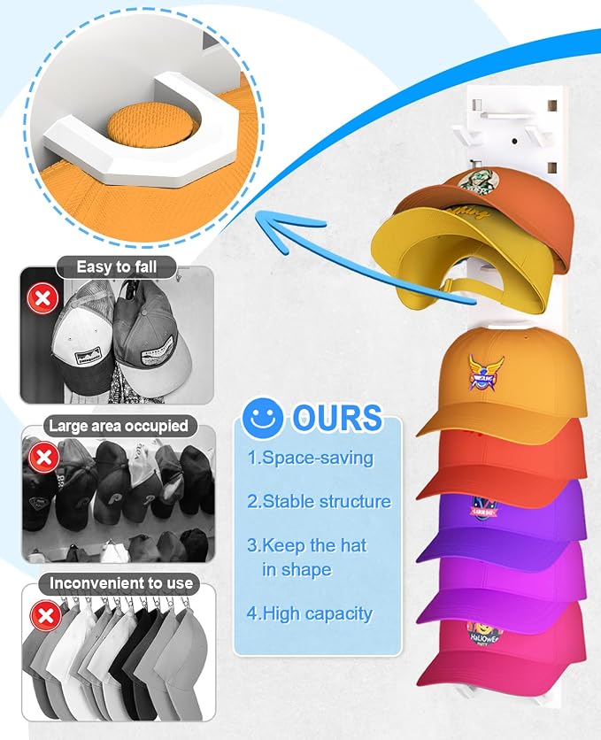 2 Pack Hat Organizer for Baseball Caps, Strong Adhesive Hat Rack for Wall - Image 3