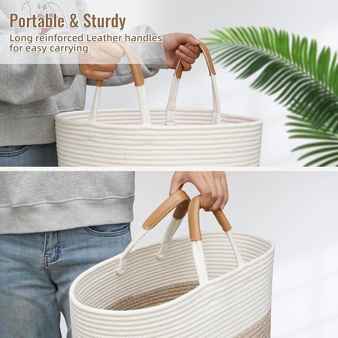 75L Striped Laundry Basket, Woven Cotton Rope Storage Bin - Image 5