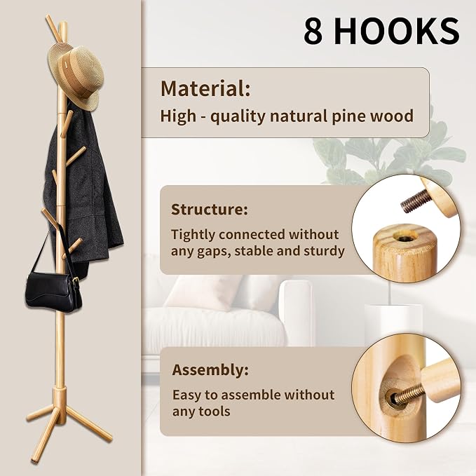 VaeFae Bamboo Coat Rack Stand, Free Standing Hall Tree - Image 4