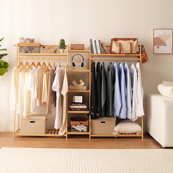 Bamboo Garment Rack 9 Tier Storage Shelf Coat Clothes Hanging Rack, Portable - Image 9
