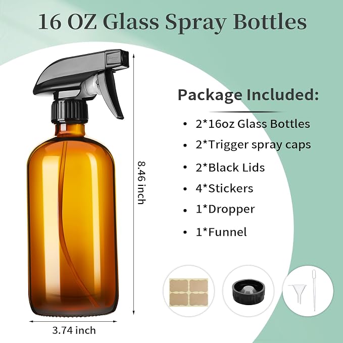 16oz Amber Glass Spray Bottles, 2 Pack Glass Spray Bottles Refillable Empty - Image 2