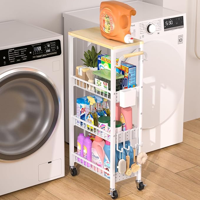 Laundry Room Organization Cart, 4 Tier Slim Rolling Cart by DTUQYX