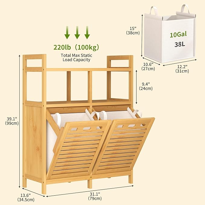 VASMIA Tilt Out Laundry Hamper Cabinet, Bamboo Double Laundry Hamper - Image 2