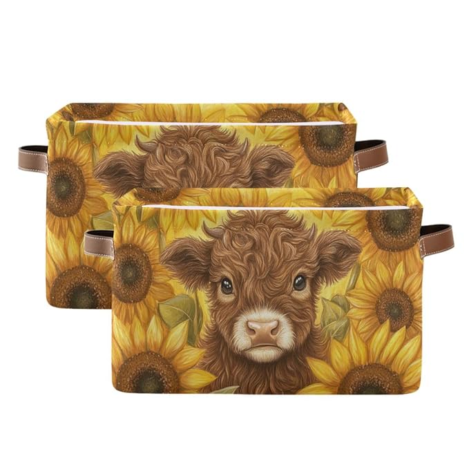 Cow Sunflowers Golden Rectangular Storage Bin Basket by DOMIKING
