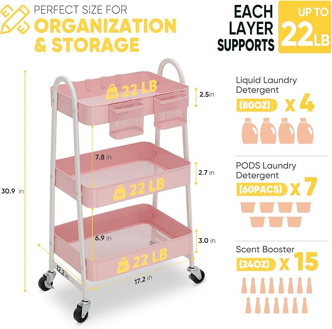 Sekey 3 Tier Rolling Cart, Hanging Cups, Heavy Duty Mesh Rolling Storage Cart - Image 2