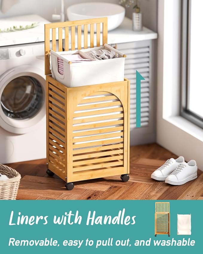 Laundry Hamper with Wheels, Laundry Basket with Lid, 22.5Gallon Bamboo Wood - Image 3