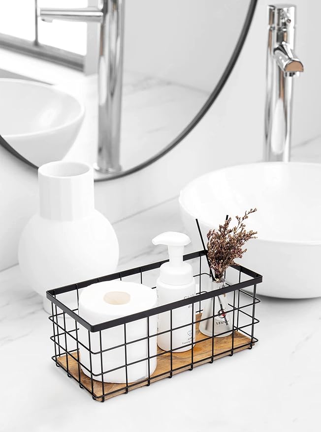 TIEYIPIN Farmhouse Decor Metal Wire Storage Baskets, Wood Base Containers - Image 6