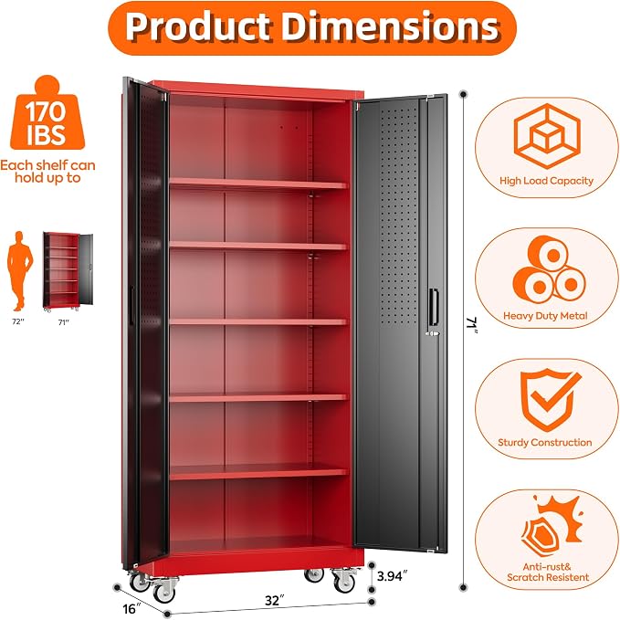 Garage Storage Cabinet with Wheels and Pegboard, Assembly Required - Image 3