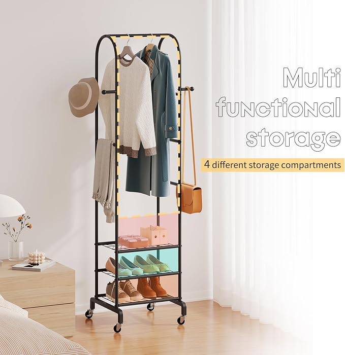 Garment Rack with Wheels, Small Metal Coat Rack With 4 Hooks, Freestanding - Image 4
