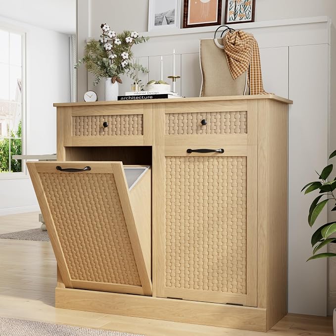 Double Tilt Out Laundry Hamper Cabinet, Rattan-Style Laundry Room Organization - Image 3