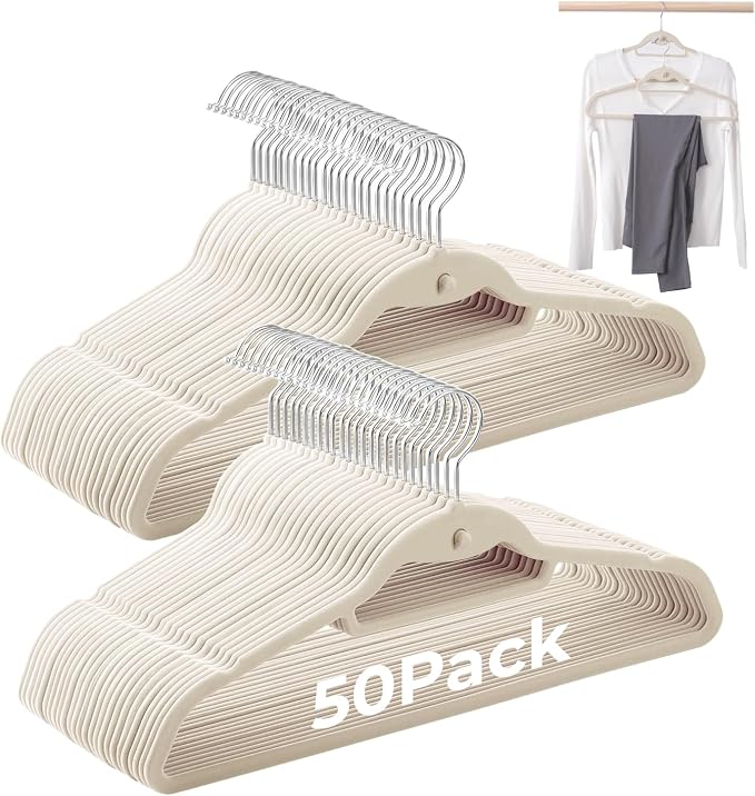 Ivory Velvet Hangers 50 Pack, Felt Covered Non Slip Fabric by Limogoo