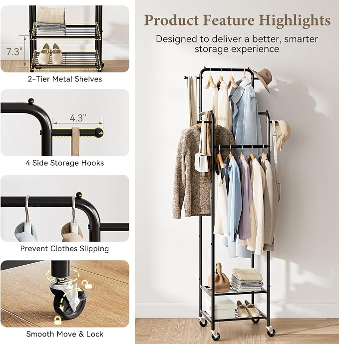 Chrislley Clothes Rack with Wheels, Small Rolling Garment Rack, 4 Hanging Rods - Image 5