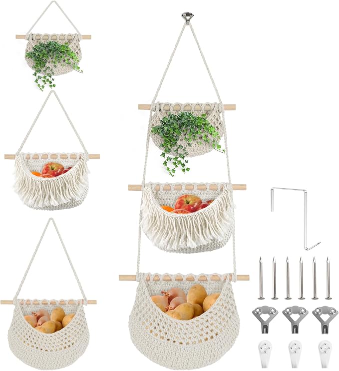 Hanging Baskets for Organizing, 3 Tier Detachable Wall Hanging Fruit Basket by iHansee