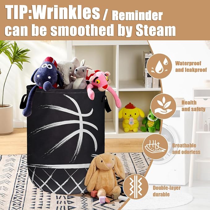 Black Basketball Laundry Basket, Foldable Sport Ball Theme Laundry Hamper Tote - Image 5