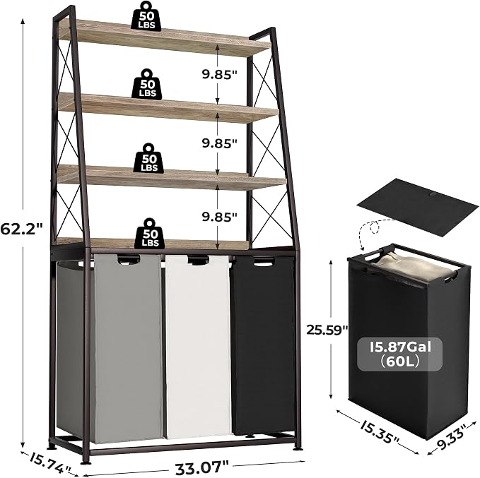 Laundry Basket, 3 Section Laundry Hamper - Image 5