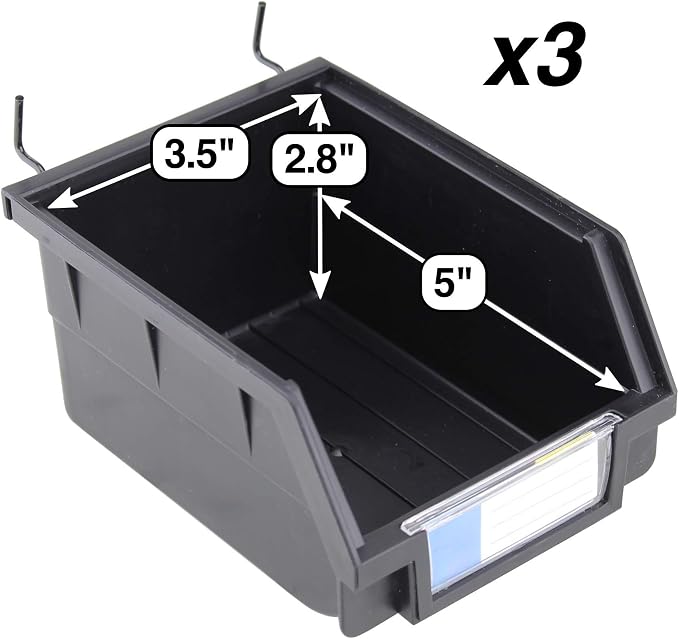 Pegboard Bins - 3 Pack Black Large - Hooks to Any Peg Board - Organize Hardware - Image 2